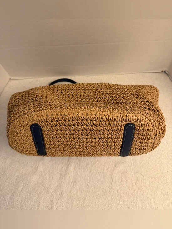 Brighton Lena Straw Tote Blue Leather Trim | Interlok Knot Charm Coastal Chic - Picture 7 of 10